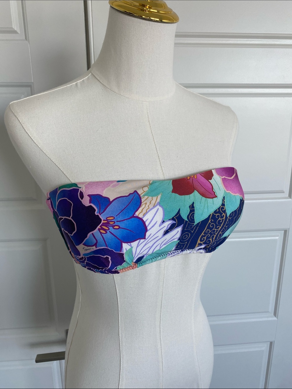 Trina Turk Floral Bandeau Bikini Top Gold Tassels Size 4